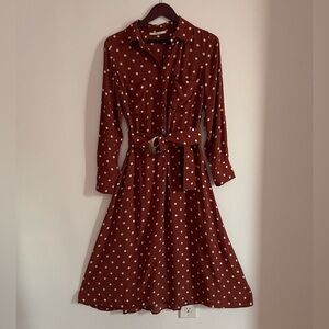 Uterqüe Rust Polka Dot Belted Shirt Dress